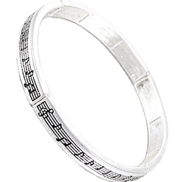 Silver Stretch Bangle Bracelet Music Notes Perfect Band Teacher Gift NWT - Picture 1 of 4